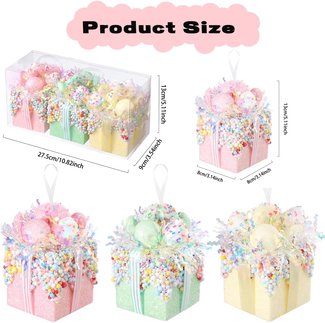 Christmas tree gift box ornament set,3 Pieces Macaron Color Candy Gift Hanging Ornaments for Christmas, New Year, Easter, Birthday (PINK GREEN YELLOW)