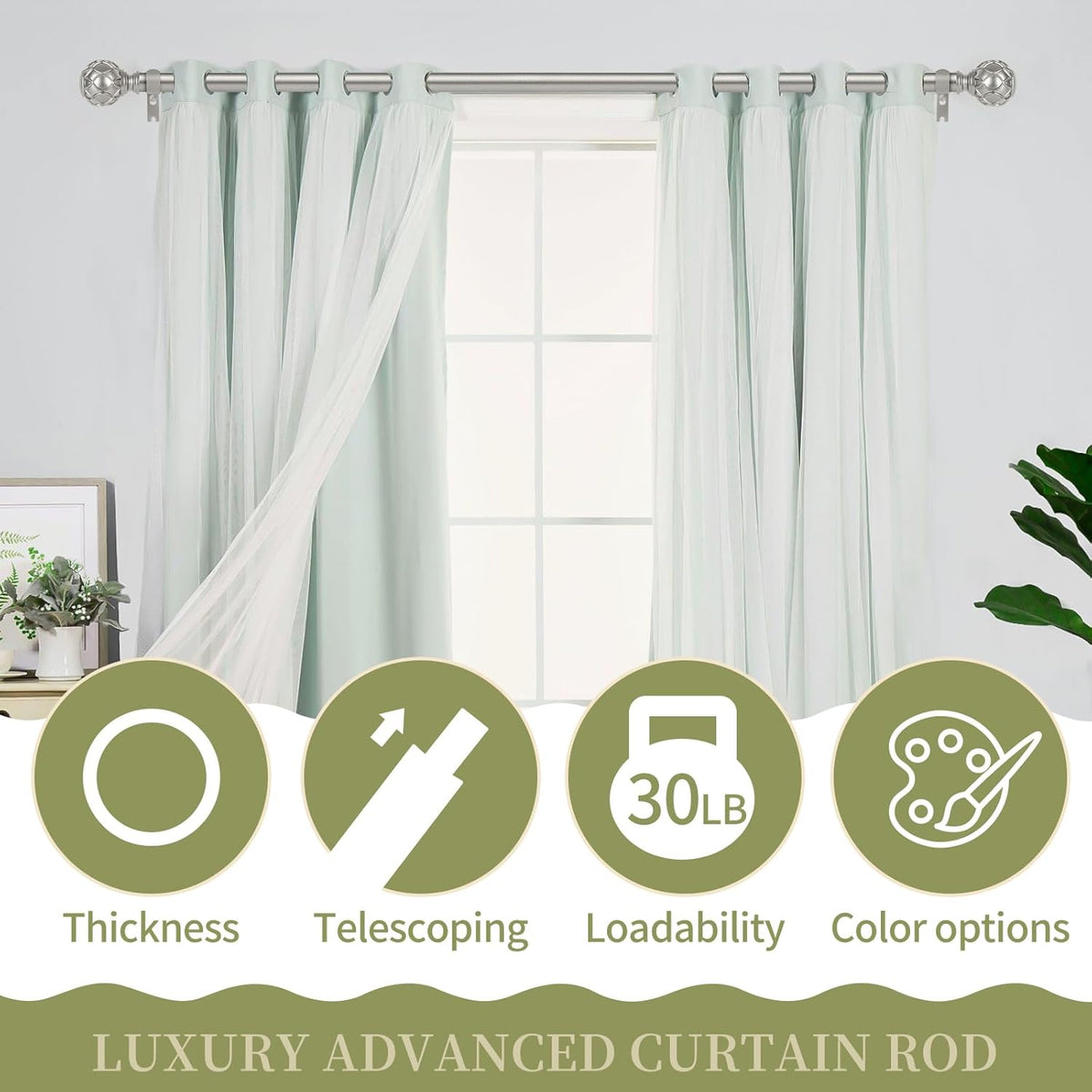 Silver Farmhouse Curtain Rods for Windows:Heavy Duty Adjustable Curtain Rod for Bedroom Living Room,Boho Decorative Rustic Drapery Rods with Vintage Coastal Finial,Antique Silver 2 Pack 18-45"