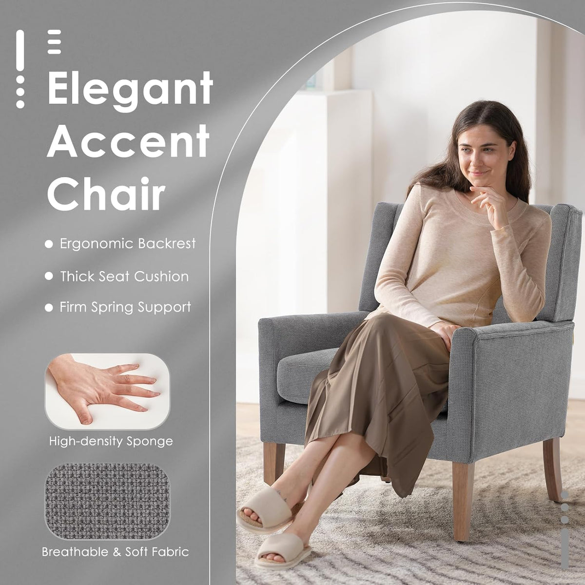 COLAMY Modern Wingback Living Room Chair, Upholstered Fabric Accent Armchair, Single Sofa Chair with Lounge Seat and Wood Legs for Bedroom/Office/Reading Spaces, Gery