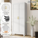 Metal Pantry Cabinet with 2 Doors and Adjustable Shelves - 71" Kitchen Storage Cabinet with Gold Handles - Versatile Storage for Kitchen, Bathroom, Dining Room, Utility Room - White