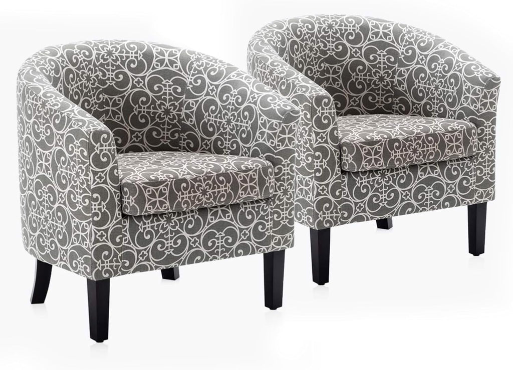 BELLEZE Accent Barrel Chair Set of 2, Linen Round Chair Club Tub Sofa Corner Chair with Flared Legs and Cozy Soft Padding for Living Room Bedroom Waiting Room - White & Gray
