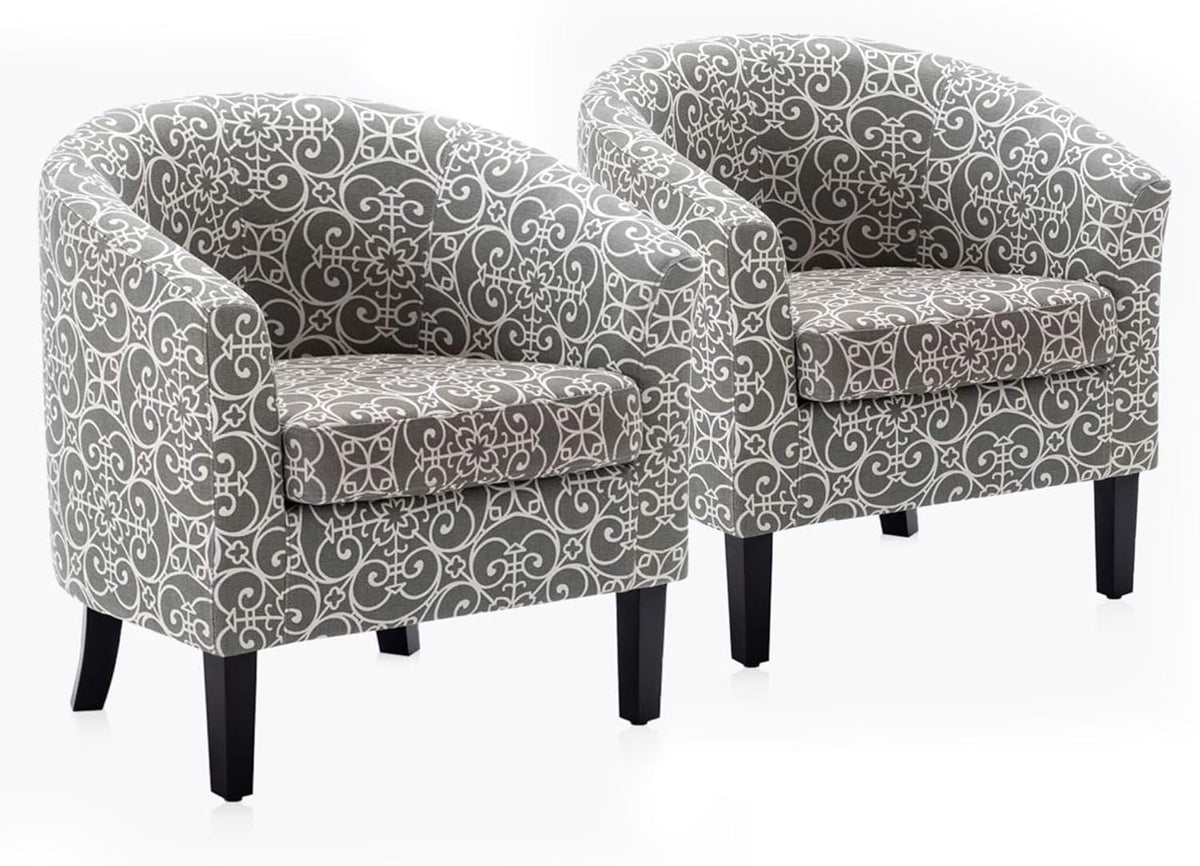 BELLEZE Accent Barrel Chair Set of 2, Linen Round Chair Club Tub Sofa Corner Chair with Flared Legs and Cozy Soft Padding for Living Room Bedroom Waiting Room - White & Gray