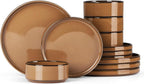 Onader Stoneware Dinnerware Sets for 4, Plates and Bowls with Unglazed Terracotta Bottom, Elegant Kitchen Ceramic Dish Dishware Set, Reactive Glaze 12 Piece - Earthy Umber