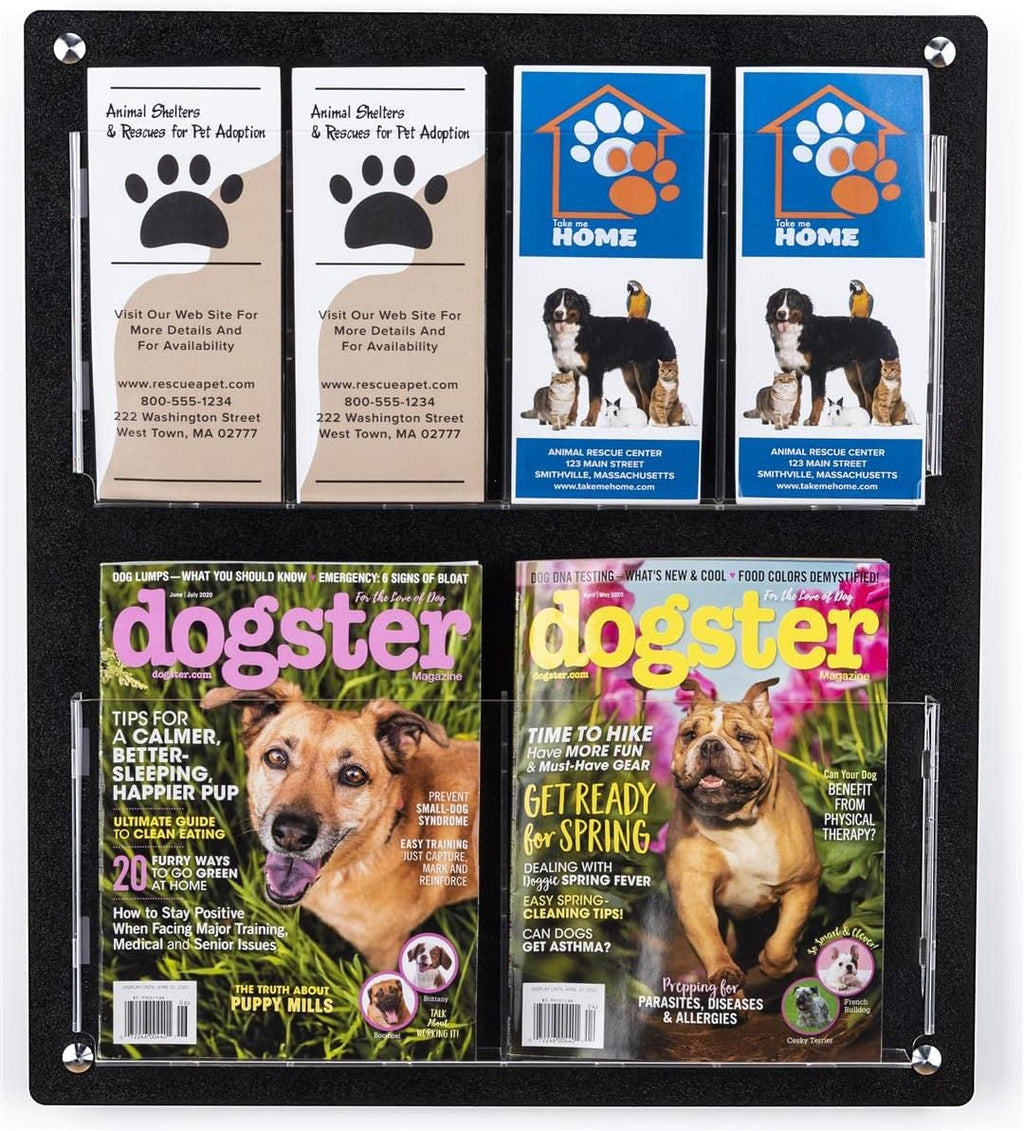 Displays2go Acrylic Wall Mounted Magazine Rack, 4-8 Adjustable Pockets, 2-Tiered - Black (2RP4BLK)