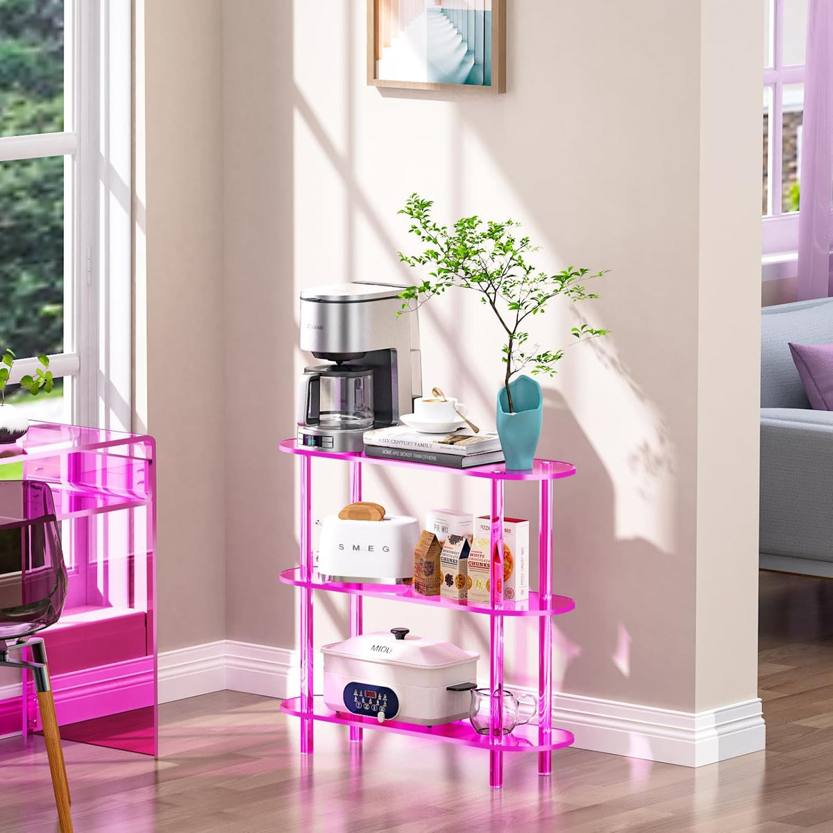 Clear Bookshelf, Acrylic Bookcase with Open Book Shelf Console Table for Entryway Office (3 Tier Pink)