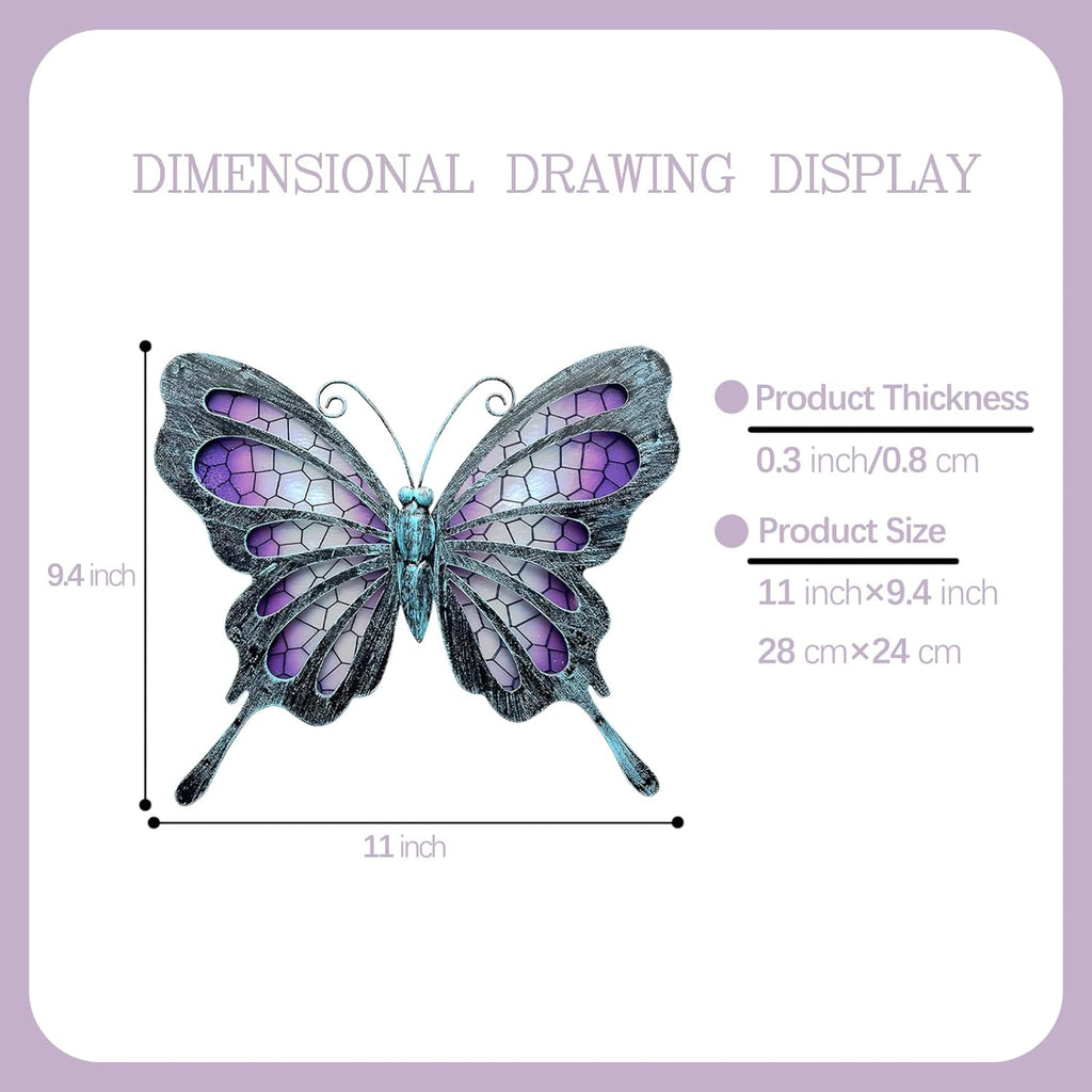 POXOHO Metal Butterfly Wall Decor - Purple Mosaic Glass Art Sculpture with Metal Frame, 11 Inch Hanging Garden Ornaments for Outdoor Fence, Patio Yard, Indoor Bedroom & Living Room Home Decoration