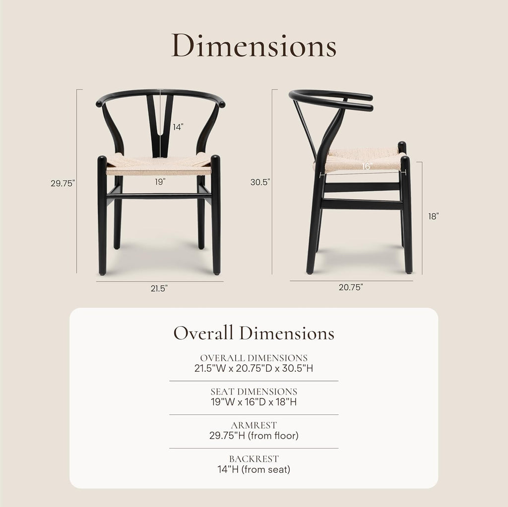 POLY & BARK Weave Dining Chairs – Mid-Century Modern Wishbone Dining Chairs with Arms, Solid Wood Frame, Indoor Use – Black – Set of 2 - Ideal for Dining Room, Kitchen or Stylish Accent Setting