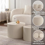 Round Nesting Coffee Table Set of 2, Modern Coffee and End Table Set Small Circle Wooden Drum Side Table Accent End Tables for Living Room Office, No Assembly,Cream Large