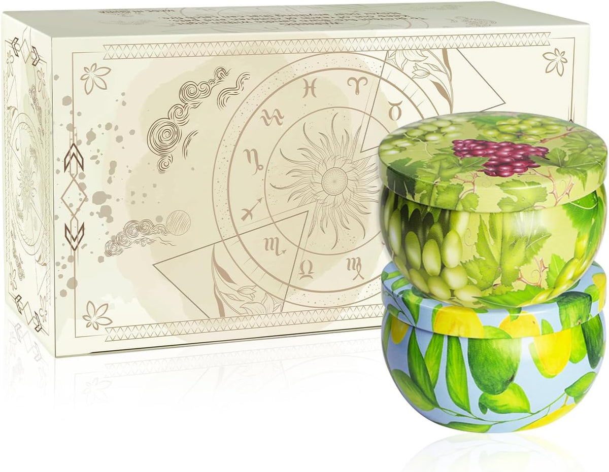 Set of 2 | 2.5-Ounce Scented Jar Candles - Fruit Style - Perfect for Home, Spa, Yoga Studio - Vibrant Colorful Iron Can Jars Candles(Grapes & Guava Fragrance)