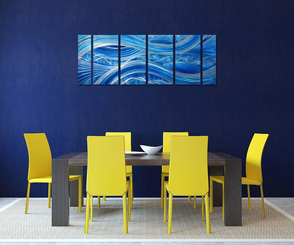 MyArton Handmade Abstract Metal Wall Art with Soft Color, Large Scale Decor in Blue Line Design, 3D Artwork for Indoor Outdoor Wall Decorations, 6-Panels Metal Art Measure 24"x 65"