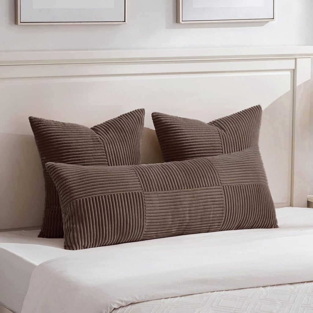 Fancy Homi 2 Packs Dark Brown Euro Decorative Throw Pillow Covers 28x28 Inch for Couch Bed, Rustic Farmhouse Boho Home Decor, Soft Corss Corduroy Patchwork Textured Square Cushion Case 71x71 cm