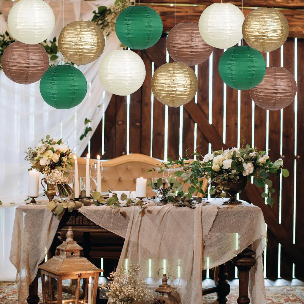 Paper Lanterns Green Brown Gold Round Hanging Chinese Lanterns for Birthday Party Gender Neutral Woodland Baby Shower Decorations Pack of 12