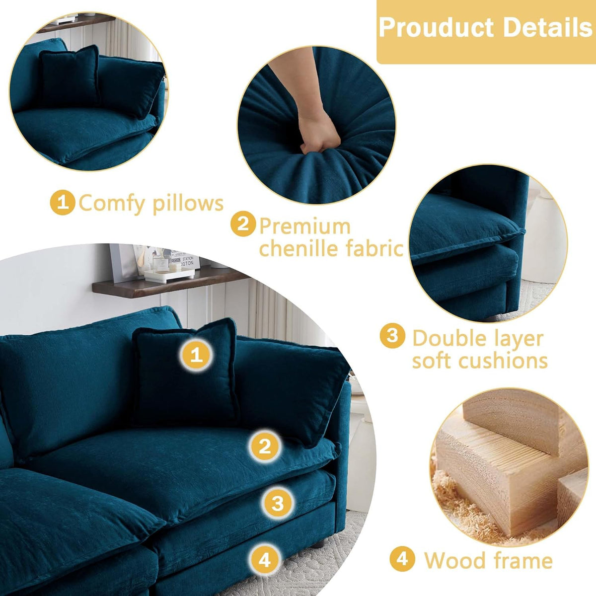 Sectional Sofa 2 Seater with Movable 1 Ottoman,Oversized Modular Couch Deep Seat (Blue, 76.7 inch-L)