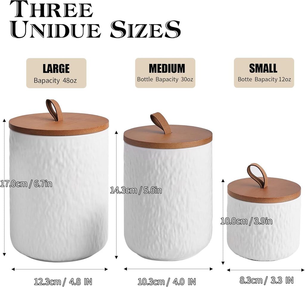 JOJUNO White Ceramic Canister Set with Wooden Lid, 3-Piece Airtight Food Storage Jars for Kitchen Counter - Flour, Sugar, Coffee, Tea, Spice - Small, Medium, Large Sizes - Stone Texture