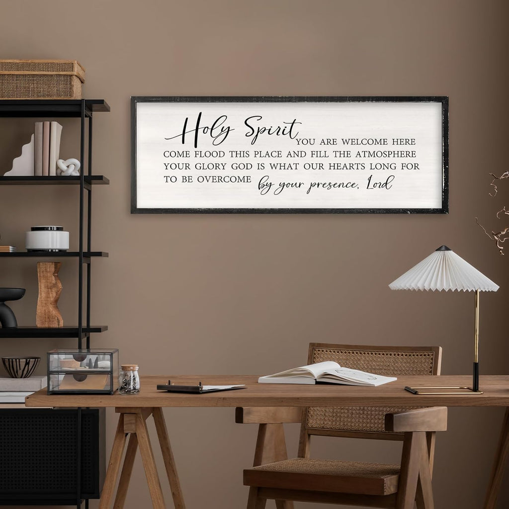 Holy Spirit You are Welcome Here Wall Decor Art 32x12 Inch Large Christian Song Bible Verse Plaque Wood Framed Sign Living Room Scripture Quote Religious For Office Wall Hanging (Black)