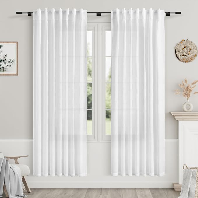 White Linen Curtains for Bedroom Back Tab Light Filtering Privacy Sheer Drapes by Nanspring