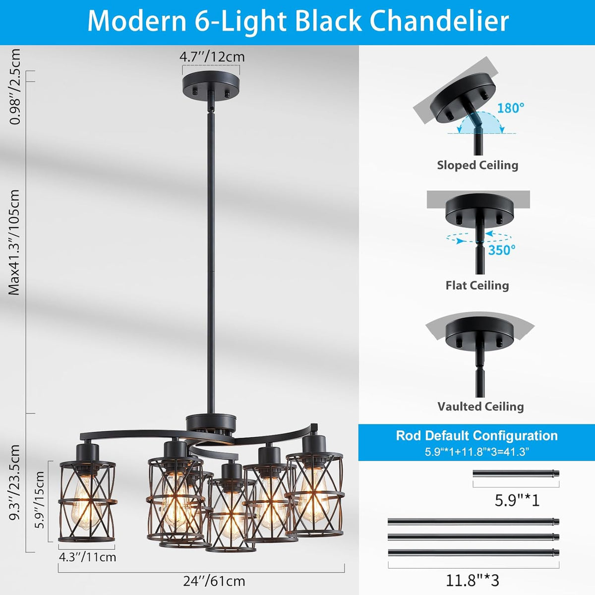 XINGQI Modern Black Chandelier 6-Light Pendant Lighting Fixture with Metal Shade 24" Height Adjustable for Dining Room Living Room Bedroom
