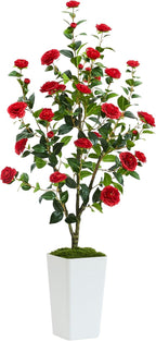 Artificial Camellia Tree 5FT Faux Trees Indoor Fake Floral Plant Blooming Tree with Red Flowers & White Tall Planter, Faux Camellia Plants for Porch Home Room Bedroom Office Front Door Outdoor Decor