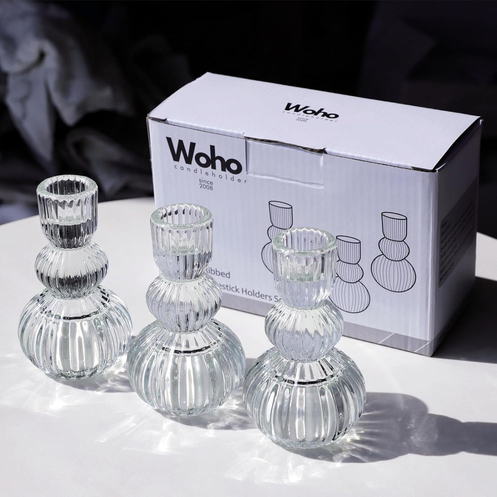 Woho Clear Ribbed Candlestick Holders 4.3" H Set of 6 for Wedding Table Centerpiece, Glass Taper Candle Holders for Holiday Home Decor, Vintage Candle Sticks Holder Decor for Thanksgiving Christmas