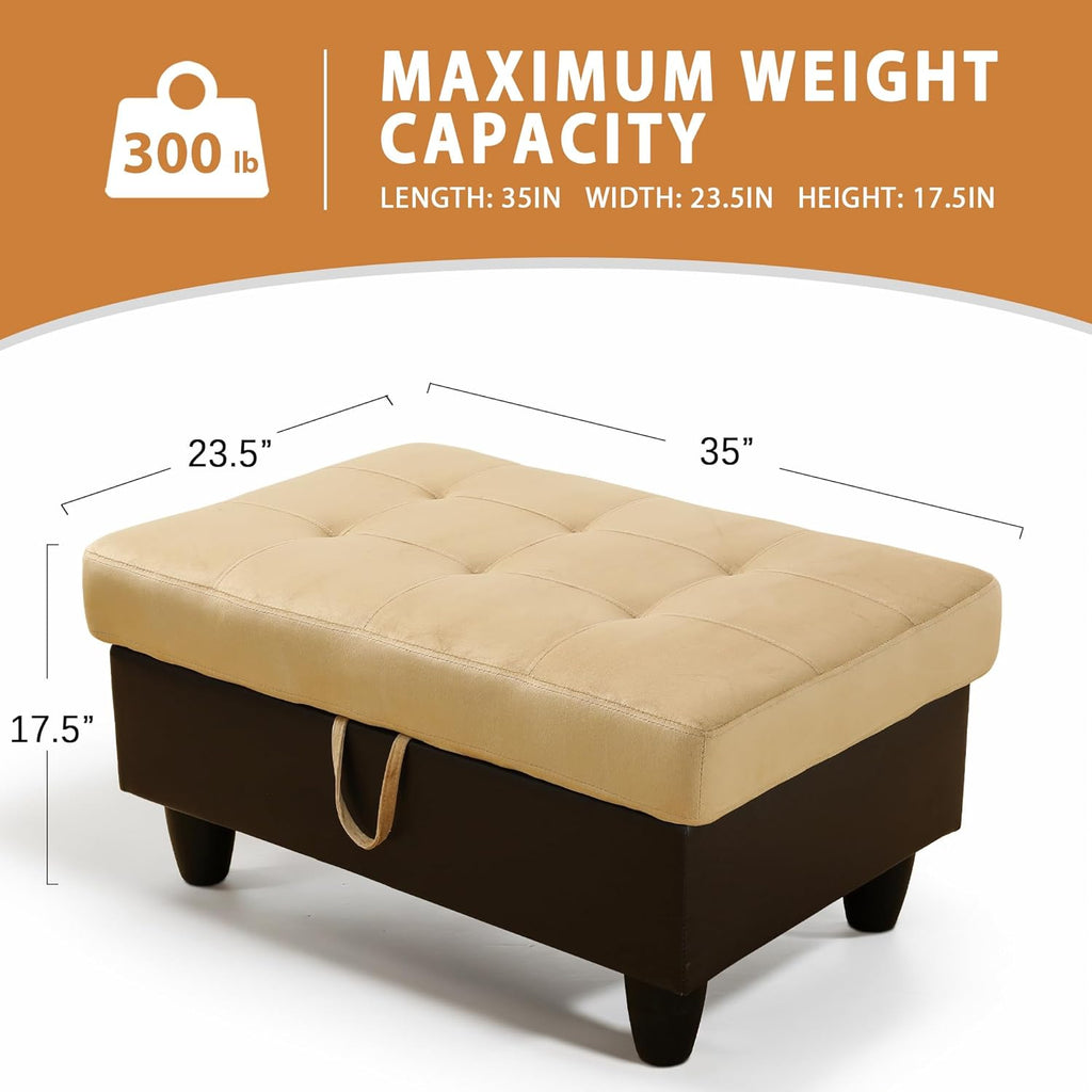 Ottoman Rectangular Storage Ottoman Bench, Flannel Footrest Stool Footstool with Lid for Living Room, Bedroom, Entryway, Champagne&Black, 35"x23.5"x17.5"
