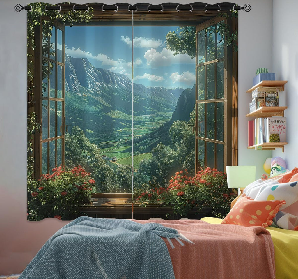 Mountain Blackout Curtains for Girls Boys Teens Home Decor, Spring Sky View Nature Forest Flower Grommet Thermal Insulated Drapes Darkening Window Curtain for Bedroom Living Room, 63 x 63 Inch