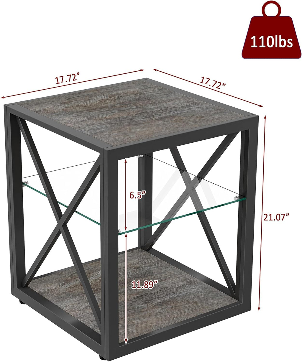 Farmhouse End Table, Modern Side Table with 3-Tier Storage Shelf, Square Rustic Nightstand, Accent Tea Table, for Bedroom Office Living Room, Grey, Natural Wood, Glass, Metal