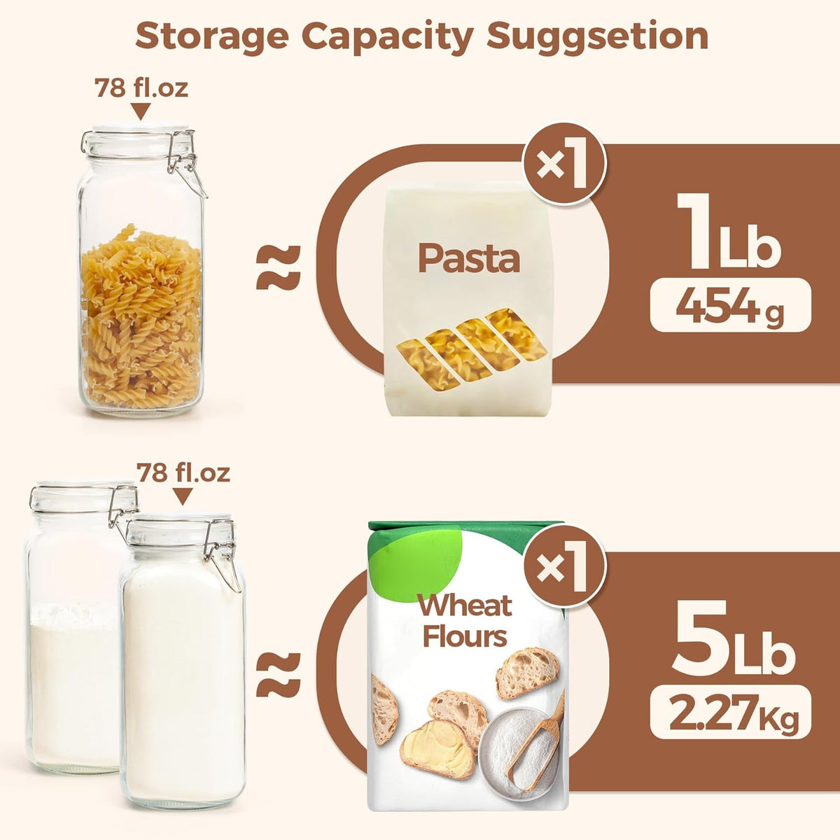 ComSaf Airtight Glass Canister Set of 3 with Lids 78oz Food Storage Jar Square - Storage Container with Clear Preserving Seal Wire Clip Fastening for Kitchen Canning Flour, Cereal, Pasta, Sugar, Beans