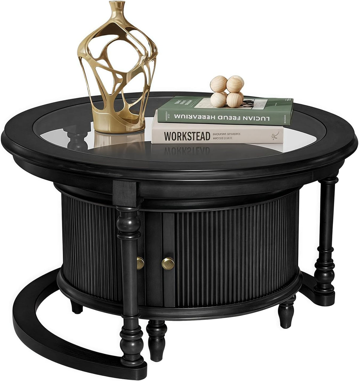 31.5'' Black Nesting Coffee Table Set of 2, Solid Wood Round Nesting Coffee Table Fluted with Storage for Living Room Office