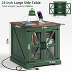 24" End Table with Charging Station, Farmhouse Night Stand with Glass Barn Door, Green Nightstands with Adjustable Storage Shelf, Large Wood Square Bed Side Table for Living Room, Bedroom