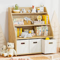 Kids Bookshelf and Toy Organizer, Wooden Kids Bookcase, Toddler Montessori Bookshelf with 3 Movable Drawers, Toy Storage Organizer for Kids Room, Living Room, Nursery