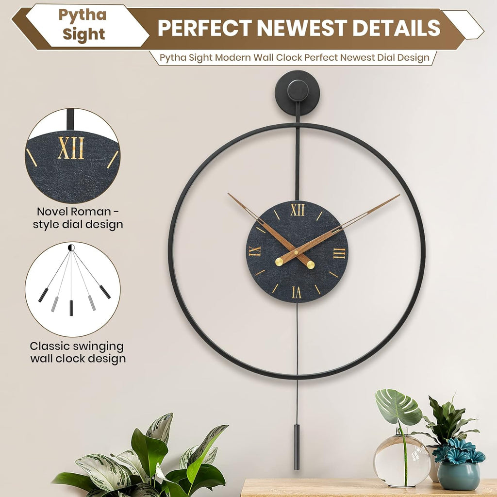 Large Modern Wall Clock,Wall Clocks for Living Room Decor,Classical Metal Minimalist Roman Numeral Dial,Big Decorative Farmhouse Pendulum Wall Clock With Walnut Pointers for Office,Dining Room