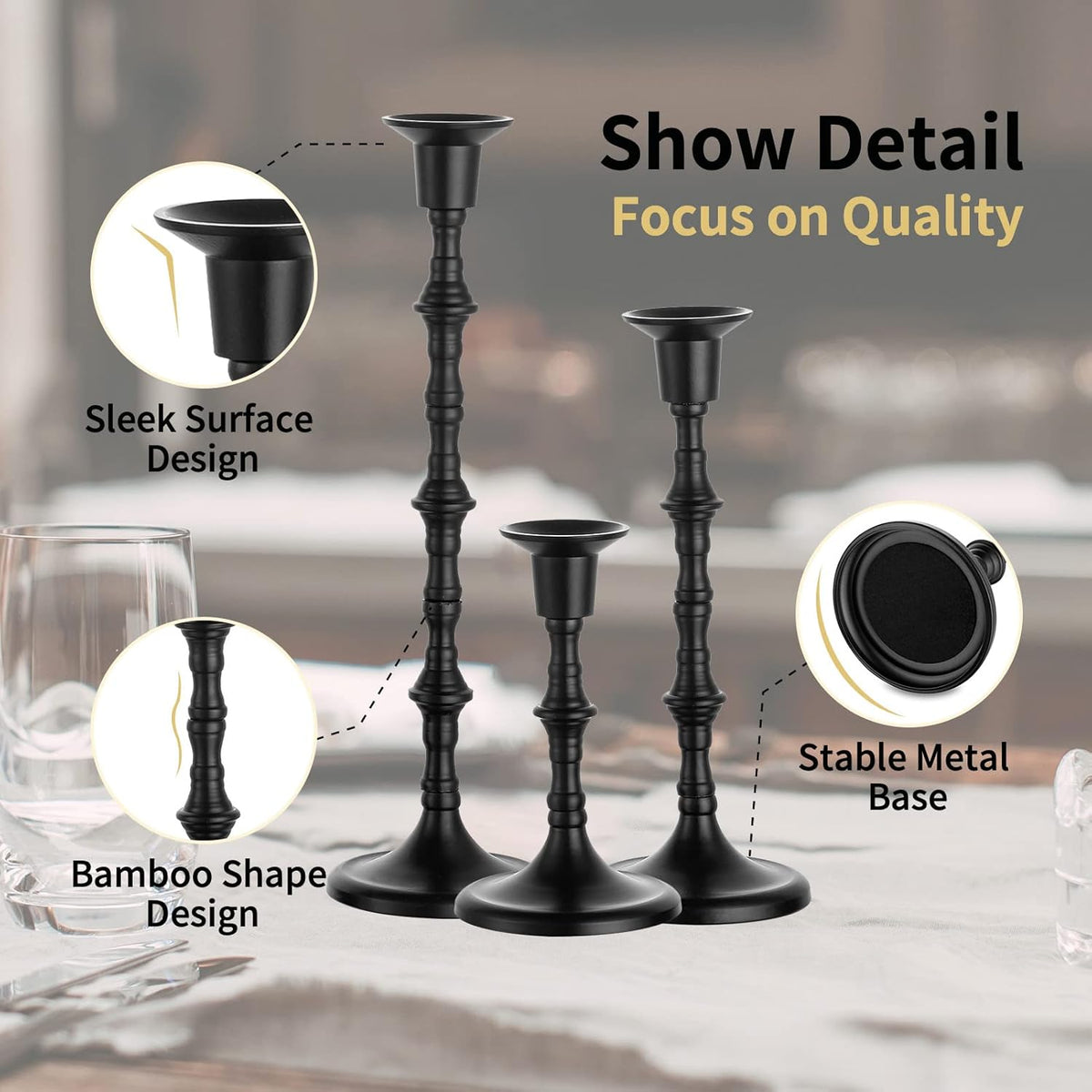 Nuptio Black Candle Holder Set of 3 Gothic Candlestick Holders for Taper Candles Metal Candle Sticks Candleholders Table Centerpieces for Dining Room Wedding Home Halloween Farmhouse Fireplace