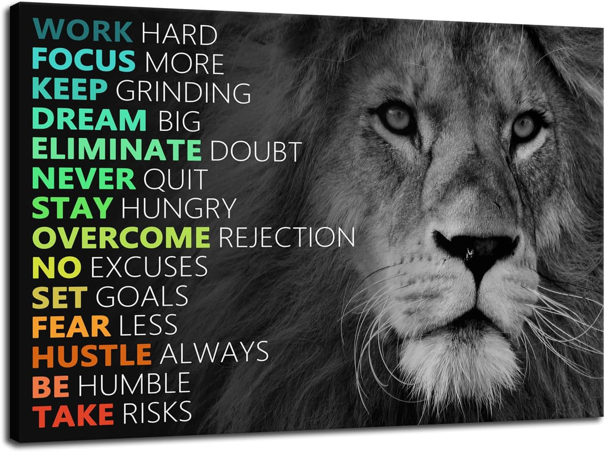 Motivational Lion Canvas Wall Art for Office Colorful Poster Painting Artwork Inspirational Picture Print Wall Decor for Home Living Room Bedroom Workplace Wooden Framed Ready to Hang [24''Wx 36''H]