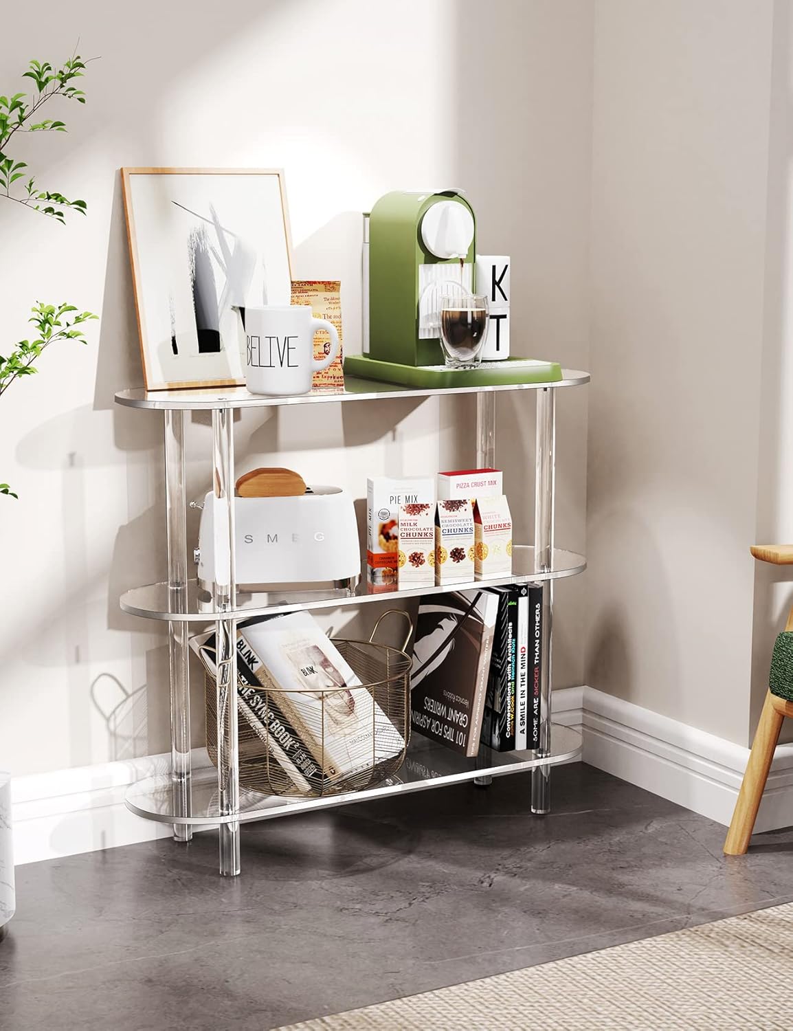 Clear Bookshelf, Acrylic Bookcase with Open Book Shelf Console Table for Entryway Office Living Room Bedroom (3 Tier Clear)