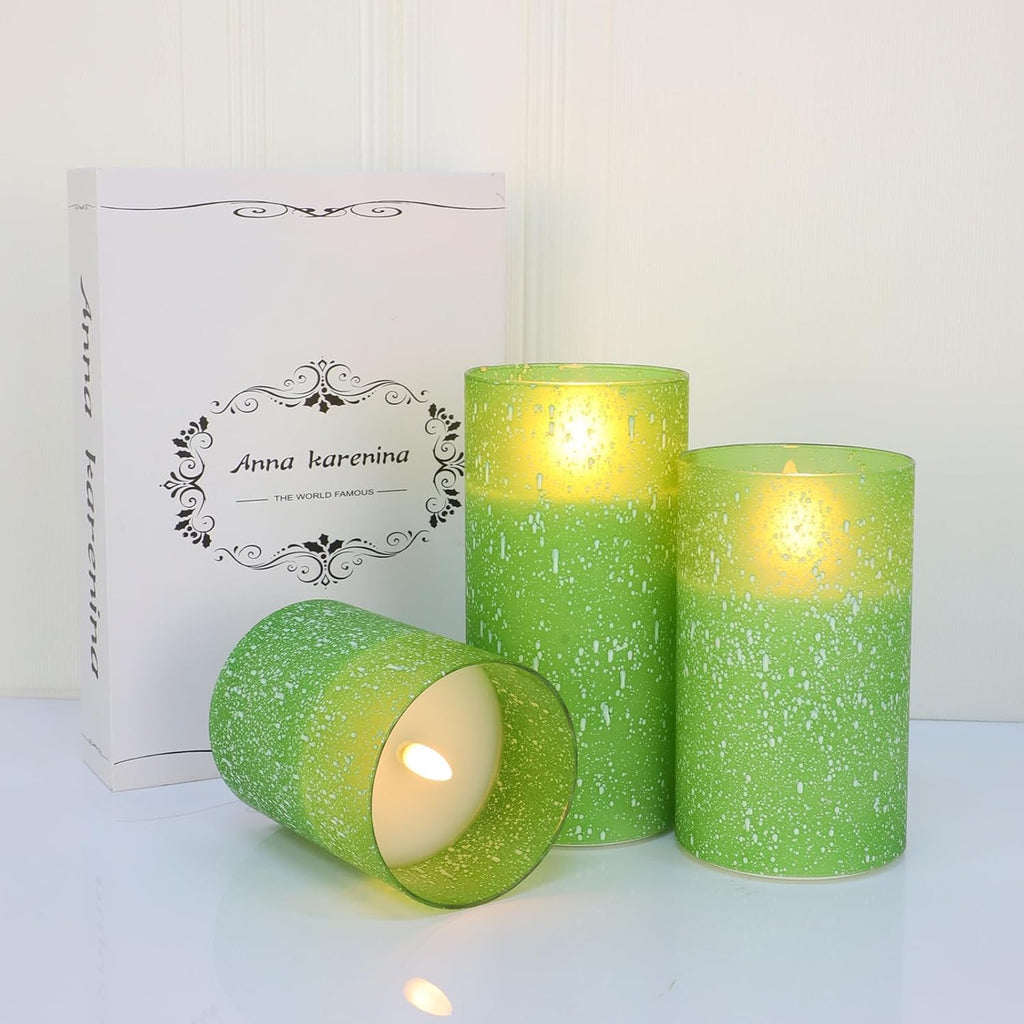 Green Flameless Candles with Remote, Glass LED Pillar Battery Operated Candles with Timer, Flickering Decorative Lights for Home Weddings Holidays Gift Set of 3