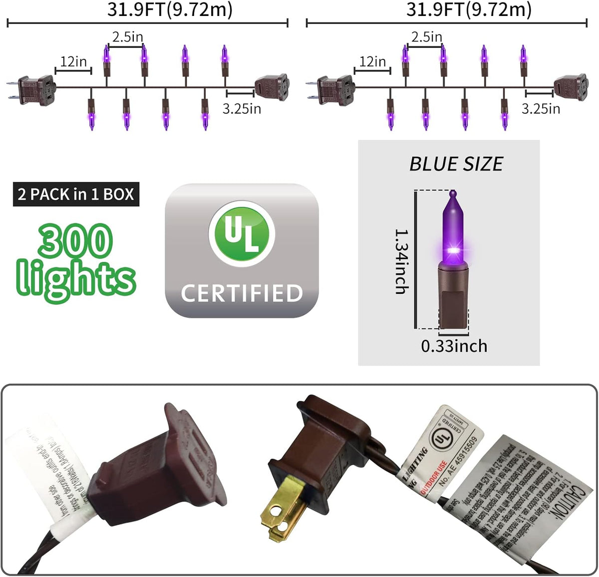 Brown Wire, Purple Incandescent Bulb 300(150L*2pcs) Mini String Lights for Indoor Halloween Tree Home Party Festival Decoration