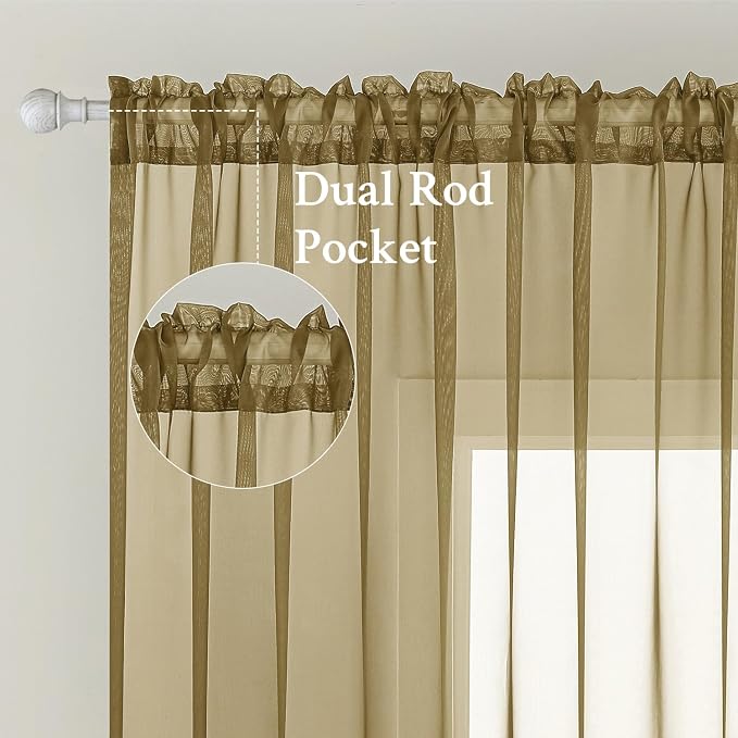 MIULEE Dark Gold Sheer Curtains 54 X 108 Inches, 2 Panels | Solid Color - Image 2