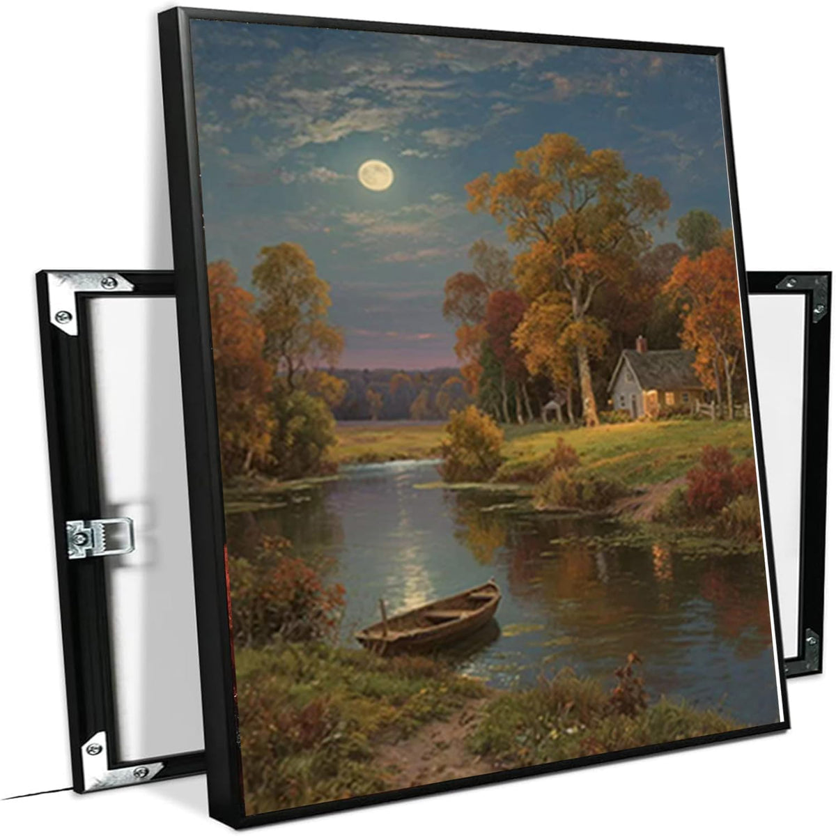 Small house by the stream under the moonlight tranquil style suitable for living room bedroom and office landscape poster wall art