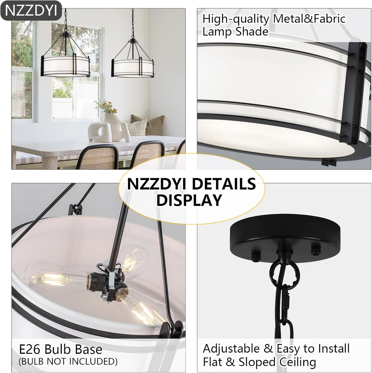 16.3''Black Drum Chandelier 3-Light Modern Farmhouse Chandelier with White Fabric Shade Adjustable Drum Pendant Light Fixture for Dining Room Kitchen Island Hallway Living Bedroom