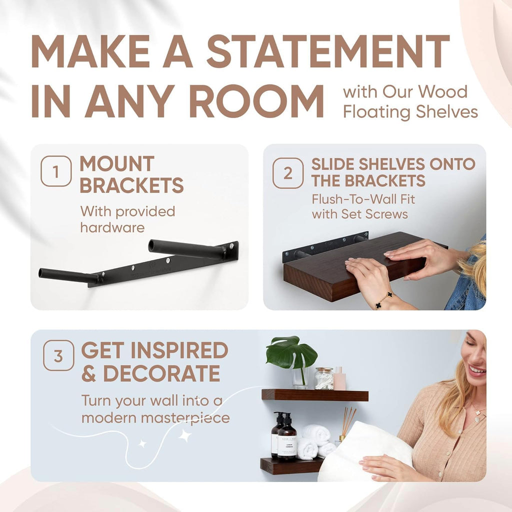 Homeforia Walnut 18 inch Floating Shelf, High End Solid Real Wood 18inch Floating Shelves for Wall Mounted, Dark Brown 18 inches Long Floating Shelves, Heavy Duty Bracket, 18 X 6.5 X 1.75 in, Set of 4
