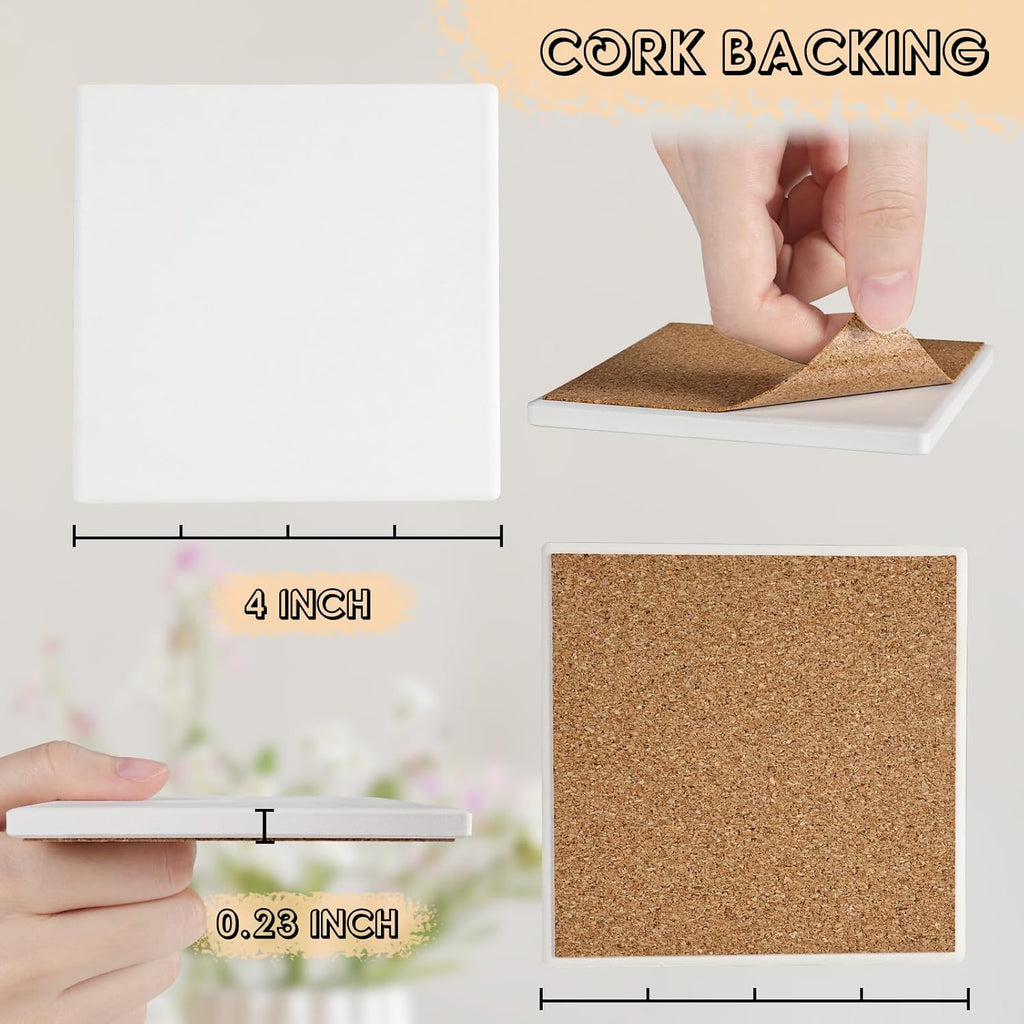 Ceramic Tiles for Crafts, GOH DODD 24 Pack Unglazed Blank Coasters with Cork Backing for Halloween Christmas Alcohol Ink Painting Acrylic Pouring Art Projects Gifts Wedding, Square, 4 Inch, White