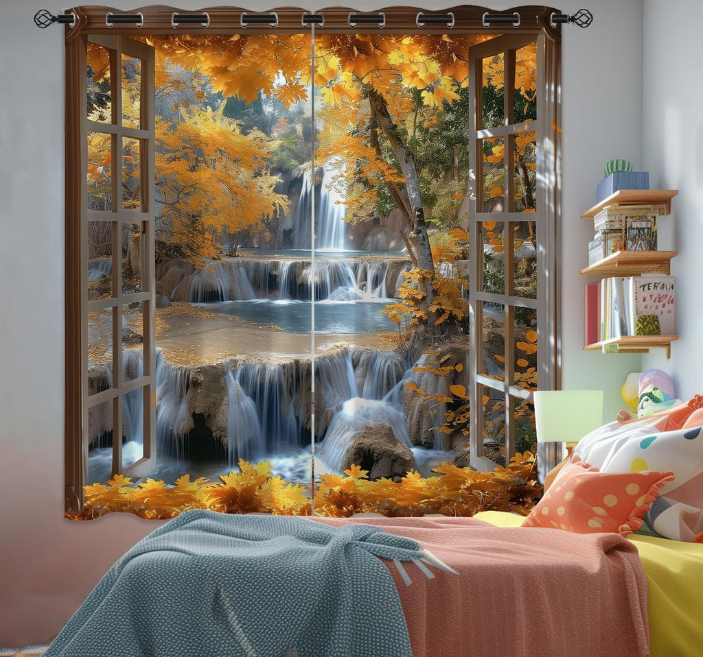 Landscape Blackout Curtains for Girls Boys Teens Home Decor, Nature 3D Autumn Fall Forest Maples Grommet Thermal Insulated Drapes Darkening Window Curtain for Bedroom Living Room, 55 x 63 Inch