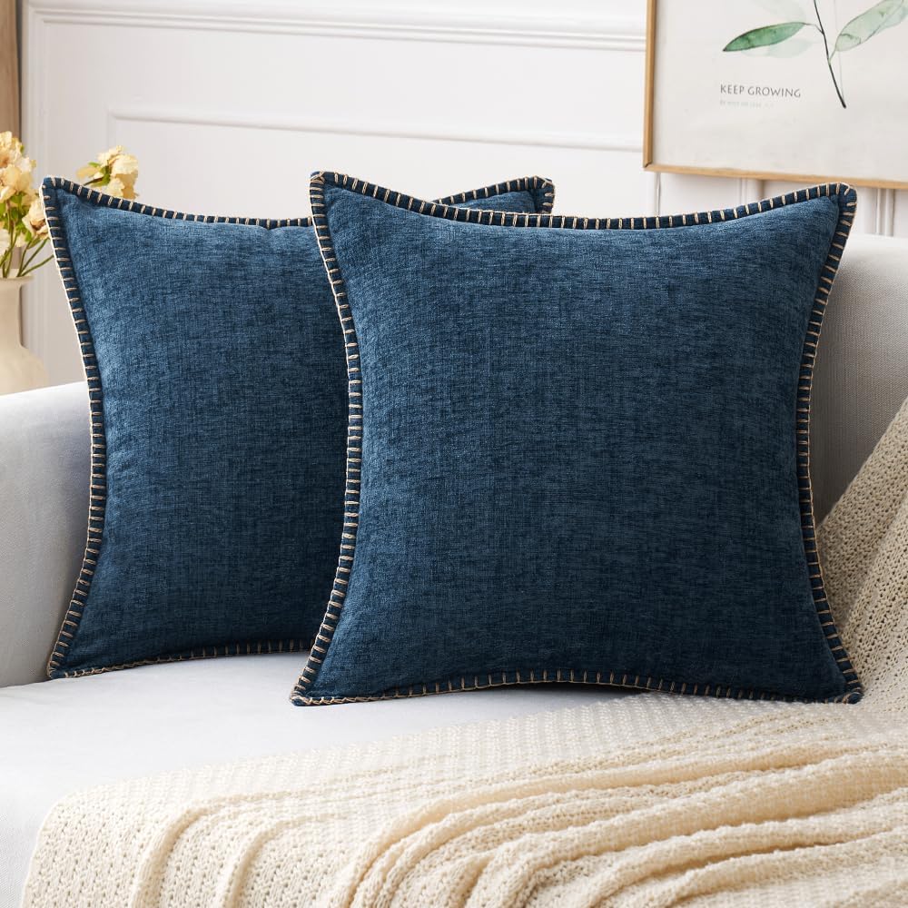 MIULEE Pack of 2 Couch Throw Pillow Covers 20x20 Inch Coastal Navy Blue Farmhouse Decorative Pillow Covers with Stitched Edge Soft Chenille Solid Dyed Spring Pillow Covers for Sofa Bed Living Room