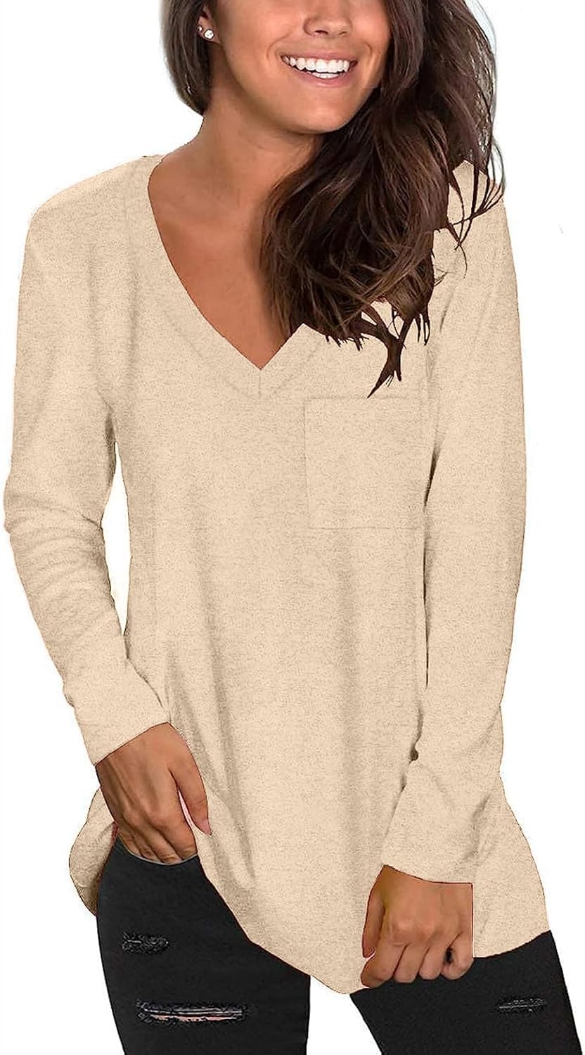 Tobrief Women's Long Sleeve V-Neck Shirts Fall Graphic Tees Loose Casual T-Shirt