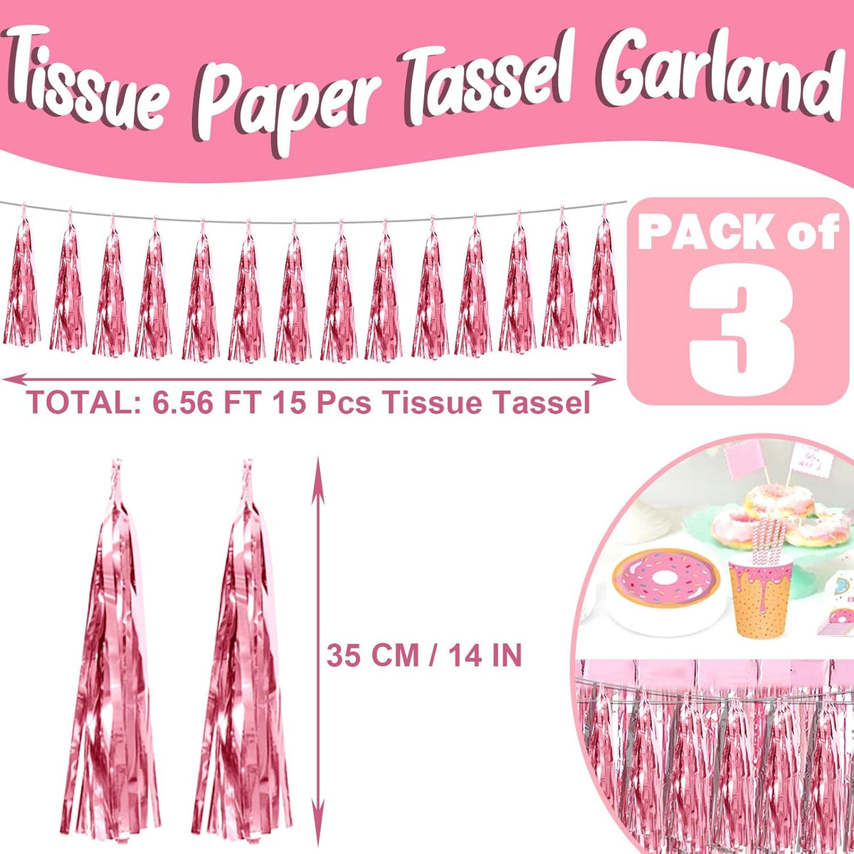 3P Light Pink Foil Fringe Metallic Tassel Streamers Banner Tassel Garland for Parade Floats, Bachelorette, Wedding, Birthday, Halloween, Christmas, Bridal/Baby Shower Party Decorations