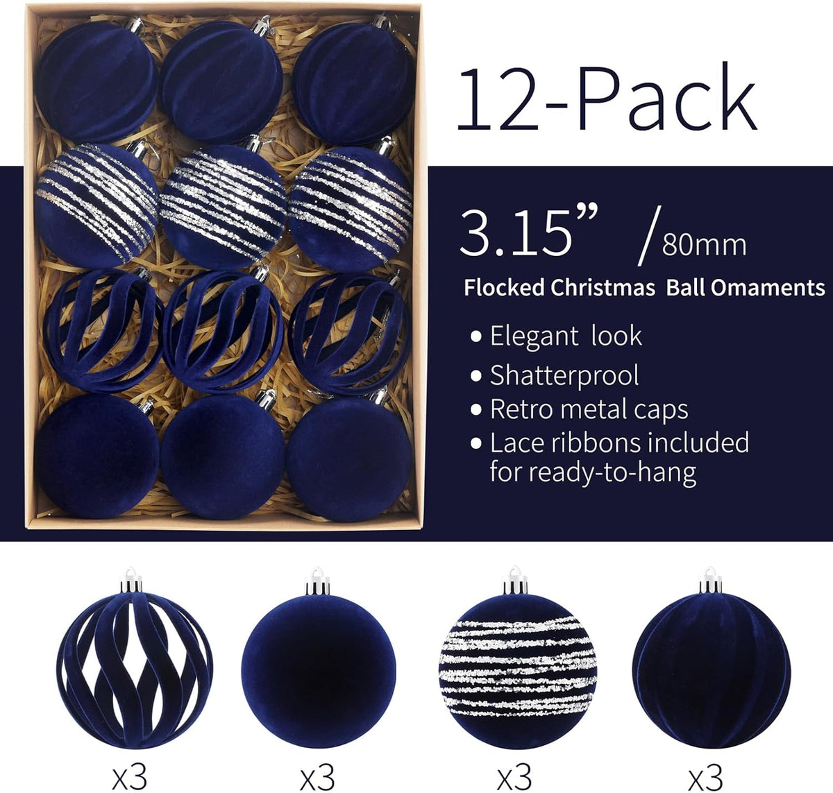 Christmas Ornaments Set of 12, 3.15" Flocked Velvet Balls with Hand Painted Designs, Navy Blue Elegant Christmas Tree Decorations in Gift Box