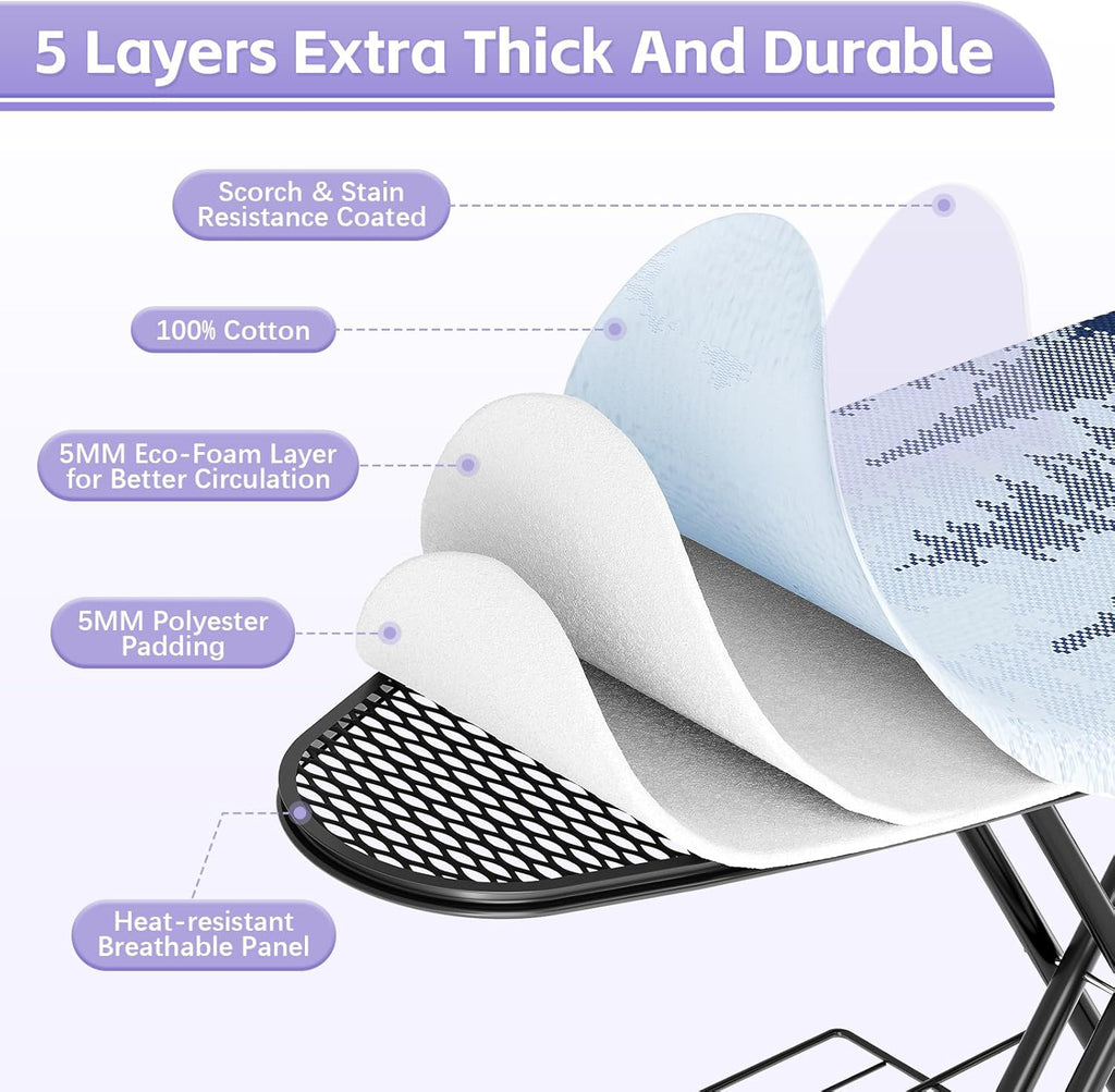 Full Size Ironing Board, 18x51 Iron Board with Metal Panel Stretchable Iron Rest, Adjustable Height Heavy Duty Heat & Scorch Resistant Cover Ironing Board, for Home, Laundry, Purple