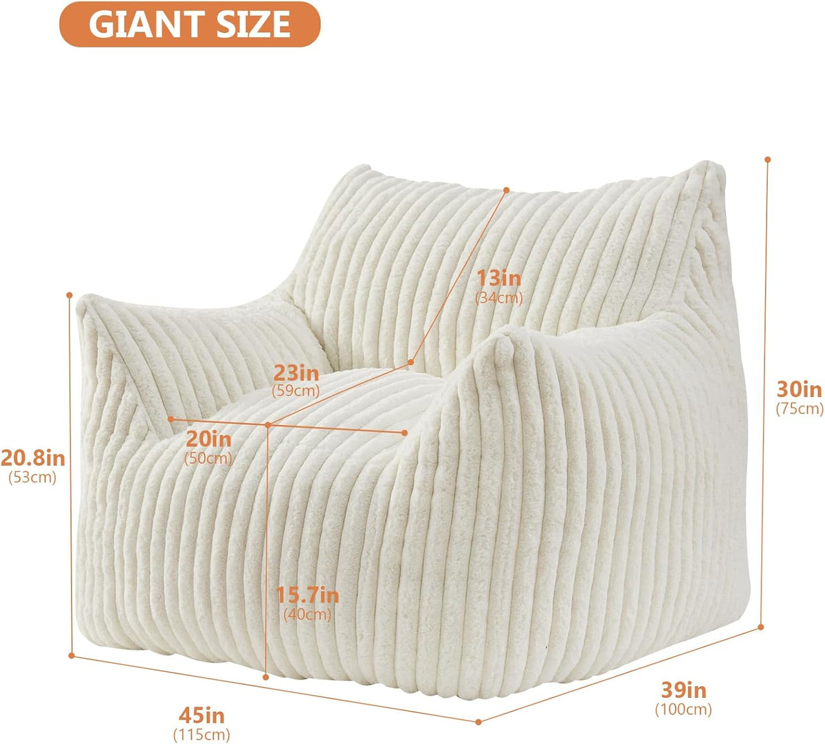 Giant Bean Bag Chairs for Adults with Filling Plush Fluffy Bean Bag Chairs for Teens with Armrests Comfy BeanBag Lazy Couch Sofa Chair for Bedroom Living Room Reading