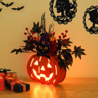 Halloween Pumpkin Decorations, Lighted Jack-O-Lantern with Maple Leaves Berries Black Cat, Halloween Door Sign Wood Pumpkin Lights for Front Door Indoor Outdoor Yard Party Cartoon Hanger Decor