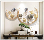 CDDUOLA 3D Room Wall Decor, Handmade Art Metal Round Golden Ginkgo Leaf Decorative Wall Sculpture for Home Living Room And Bedroom, 2 Pack
